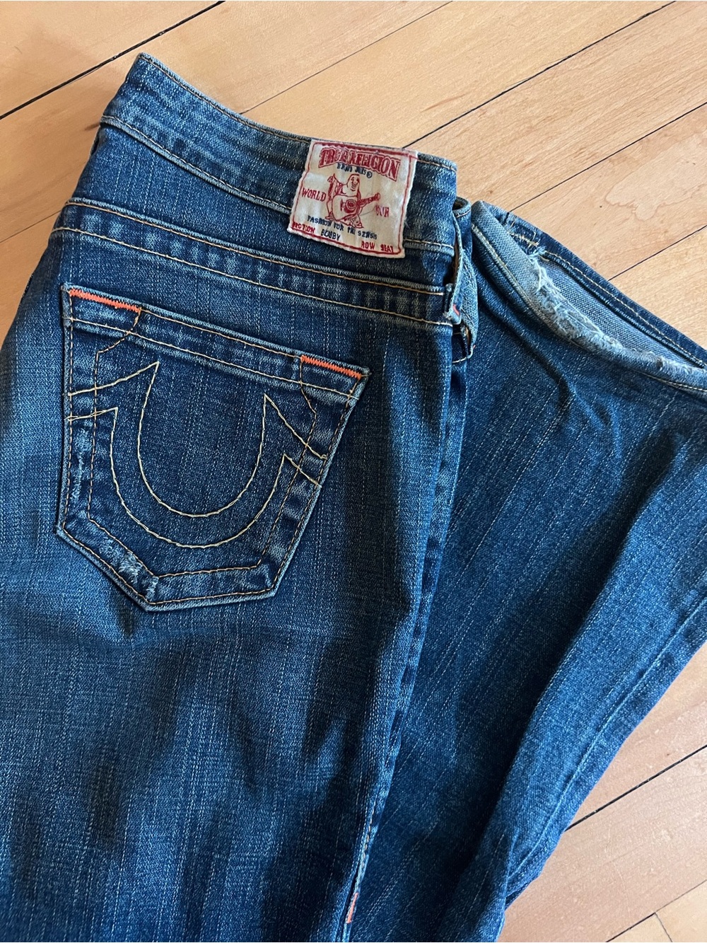 True Religion Women's Dark Blue Skinny Jeans with Signature Pocket Stitching